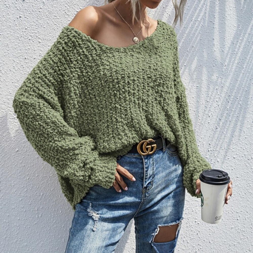 SOLD OUT CLEARANCE Green Popcorn Batwing Soft Oversized Sweater - Picture 2 of 4